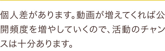 個人差があります。動画が増えてくれば公開頻度を増やしていくので、活動のチャンスは十分あります。