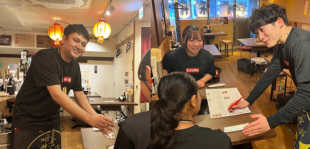Gyoupao staff practicing restaurant customer service during a training session